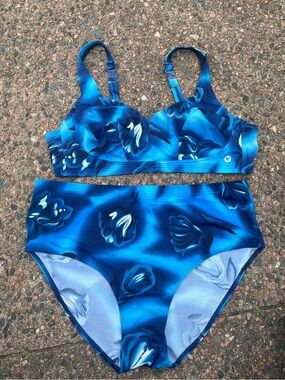 90s Vintage Plus Size Blue Floral Two-Piece Bikini Set
